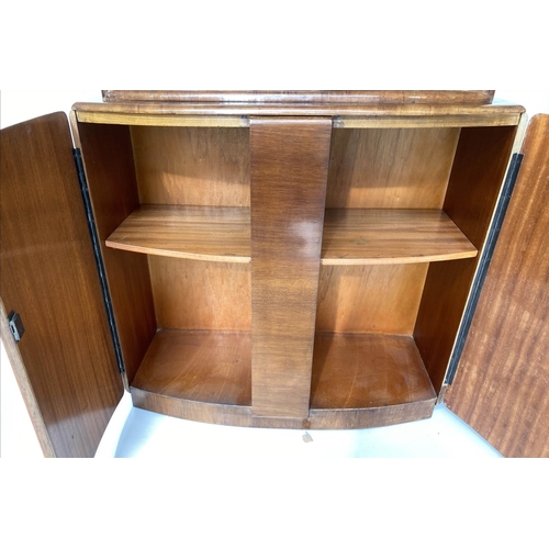 118 - ART DECO COCKTAIL CABINET, figured walnut with rising mirror lined cabinet above two panel doors, 93... 