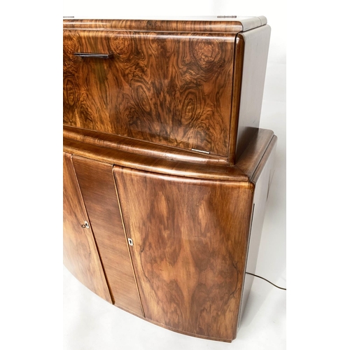 118 - ART DECO COCKTAIL CABINET, figured walnut with rising mirror lined cabinet above two panel doors, 93... 