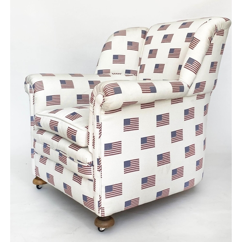 119 - 'STARS AND STRIPES' WING ARMCHAIR, early 20th century with scroll arms and piped 'Flag' cotton fabri... 