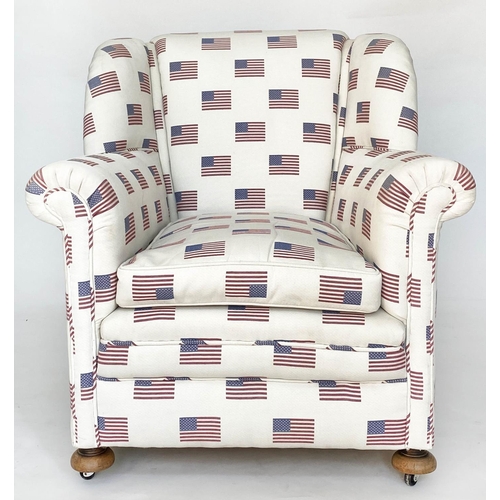 119 - 'STARS AND STRIPES' WING ARMCHAIR, early 20th century with scroll arms and piped 'Flag' cotton fabri... 