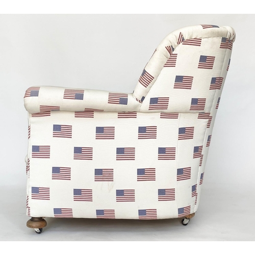 119 - 'STARS AND STRIPES' WING ARMCHAIR, early 20th century with scroll arms and piped 'Flag' cotton fabri... 