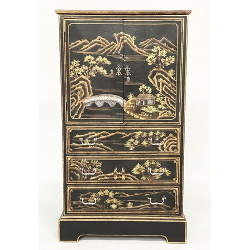 127 - LINEN CHEST, lacquered and gilt Chinoiserie decorated with two doors above three long drawers, 66cm ... 