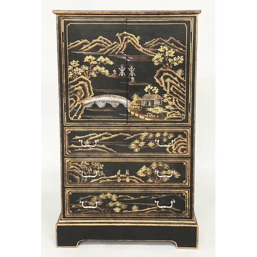 127 - LINEN CHEST, lacquered and gilt Chinoiserie decorated with two doors above three long drawers, 66cm ... 