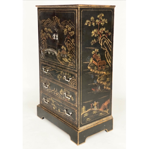 127 - LINEN CHEST, lacquered and gilt Chinoiserie decorated with two doors above three long drawers, 66cm ... 