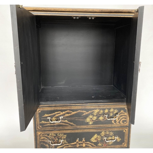 127 - LINEN CHEST, lacquered and gilt Chinoiserie decorated with two doors above three long drawers, 66cm ... 