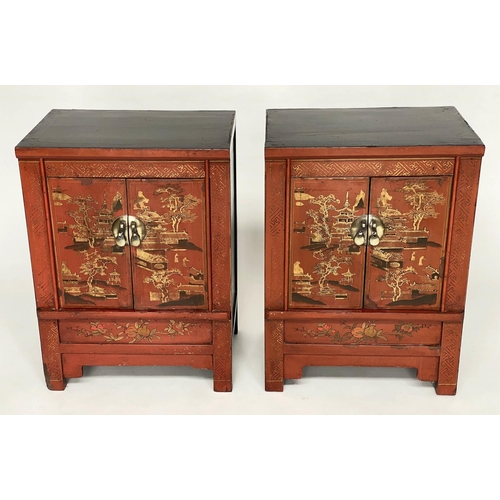 129 - CHINESE CABINETS, a pair, early 20th century scarlet lacquered and gilt Chinoiserie decorated each w... 