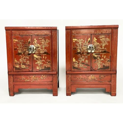 129 - CHINESE CABINETS, a pair, early 20th century scarlet lacquered and gilt Chinoiserie decorated each w... 