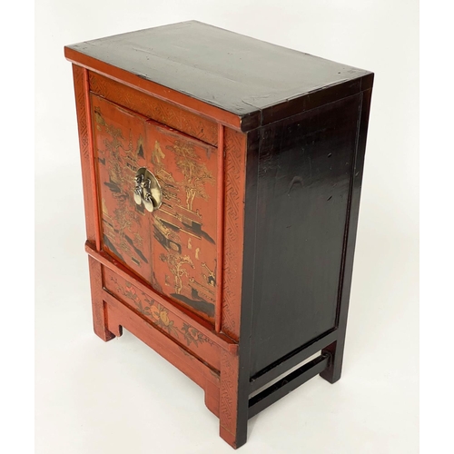 129 - CHINESE CABINETS, a pair, early 20th century scarlet lacquered and gilt Chinoiserie decorated each w... 