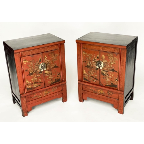 129 - CHINESE CABINETS, a pair, early 20th century scarlet lacquered and gilt Chinoiserie decorated each w... 