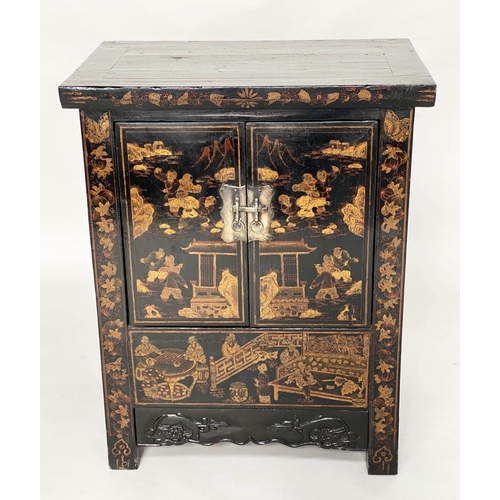 131 - CHINESE SIDE CABINET, black lacquered and gilt Chinoiserie decorated with two panel doors, 68cm W x ... 