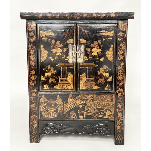 131 - CHINESE SIDE CABINET, black lacquered and gilt Chinoiserie decorated with two panel doors, 68cm W x ... 