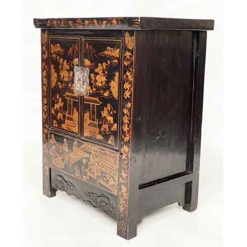 131 - CHINESE SIDE CABINET, black lacquered and gilt Chinoiserie decorated with two panel doors, 68cm W x ... 