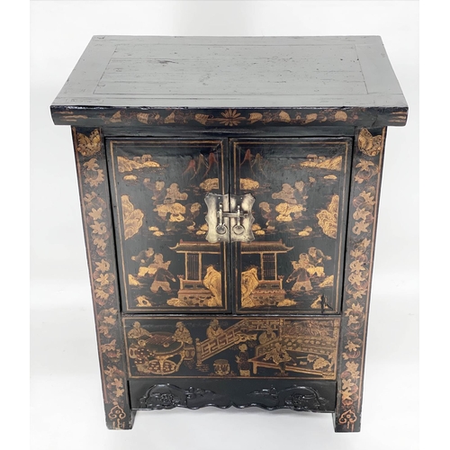 131 - CHINESE SIDE CABINET, black lacquered and gilt Chinoiserie decorated with two panel doors, 68cm W x ... 