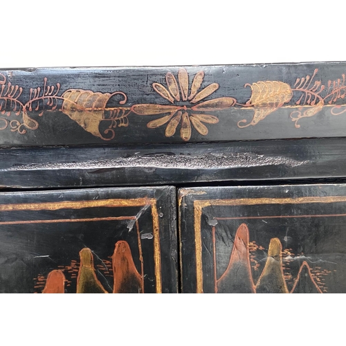 131 - CHINESE SIDE CABINET, black lacquered and gilt Chinoiserie decorated with two panel doors, 68cm W x ... 