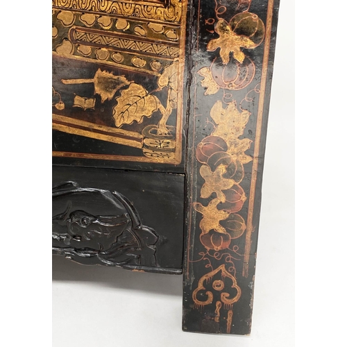 131 - CHINESE SIDE CABINET, black lacquered and gilt Chinoiserie decorated with two panel doors, 68cm W x ... 