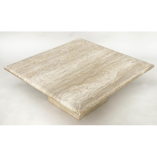 132 - TRAVERTINE LOW TABLE, Italian 1970s square marble on plinth base support, 80cm x 80cm x 34cm H.