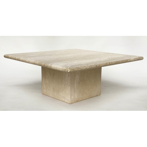 132 - TRAVERTINE LOW TABLE, Italian 1970s square marble on plinth base support, 80cm x 80cm x 34cm H.