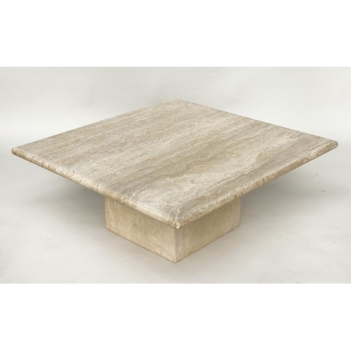 132 - TRAVERTINE LOW TABLE, Italian 1970s square marble on plinth base support, 80cm x 80cm x 34cm H.