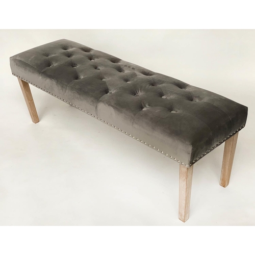 290 - WINDOW SEAT, 142cm W x 47cm D x 51cm H, buttoned velvet upholstered, raised upon grey finished frame... 