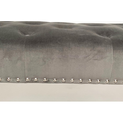 290 - WINDOW SEAT, 142cm W x 47cm D x 51cm H, buttoned velvet upholstered, raised upon grey finished frame... 