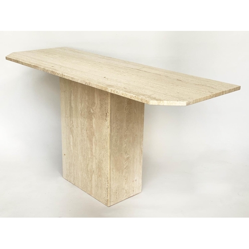 292 - TRAVERTINE CONSOLE TABLE, 140cm W x 40cm D x 76cm H, 1970's Italian, canted rectangular marble top o... 