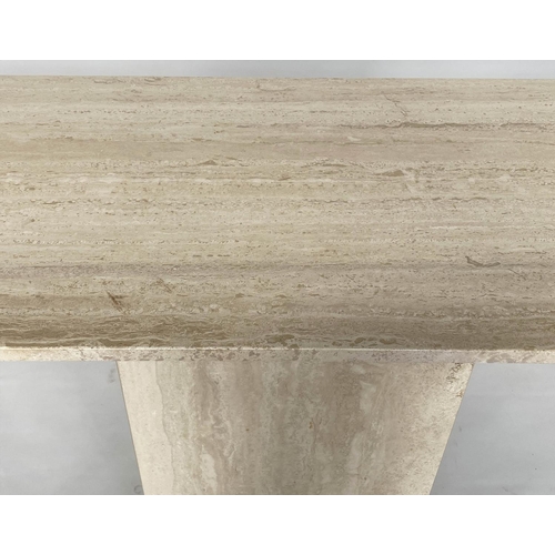 292 - TRAVERTINE CONSOLE TABLE, 140cm W x 40cm D x 76cm H, 1970's Italian, canted rectangular marble top o... 