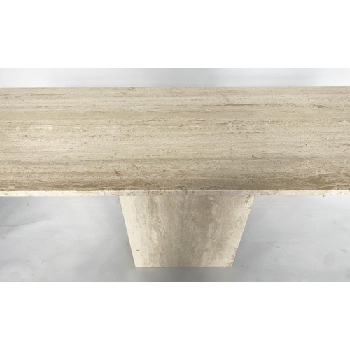 292 - TRAVERTINE CONSOLE TABLE, 140cm W x 40cm D x 76cm H, 1970's Italian, canted rectangular marble top o... 