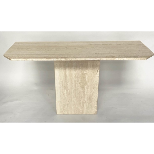 292 - TRAVERTINE CONSOLE TABLE, 140cm W x 40cm D x 76cm H, 1970's Italian, canted rectangular marble top o... 