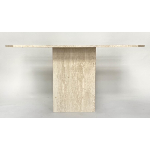 292 - TRAVERTINE CONSOLE TABLE, 140cm W x 40cm D x 76cm H, 1970's Italian, canted rectangular marble top o... 