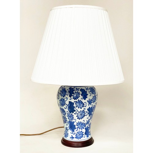 112 - TABLE LAMPS, a pair, Chinese blue and white ceramic vase form with wooden bases and shades, 57cm H. ... 