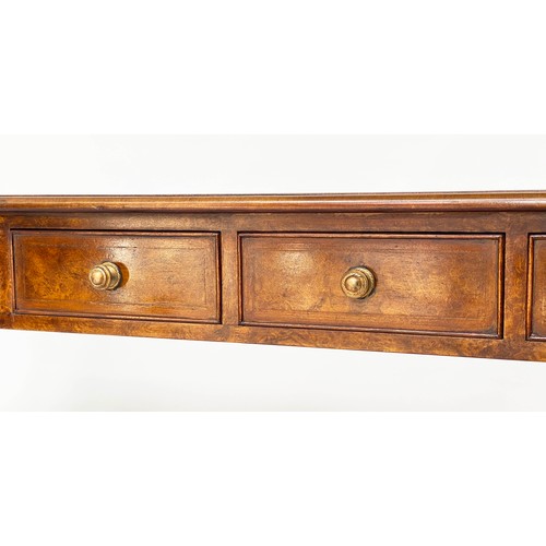 111 - HALL TABLE, George III design burr walnut and crossbanded with five short frieze drawers and turned ... 