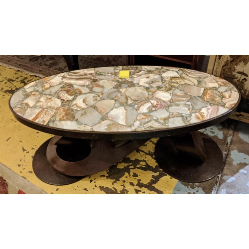 232 - LOW TABLE, 112cm W x 47cm H x 53cm D bronzed framed with an oval segmented stone top.