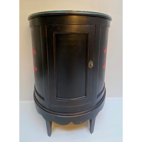 218 - DEMI LUNE SIDE CABINET, 93cm H x 81cm W x 41cm D, 19th century black painted with door enclosing zin... 