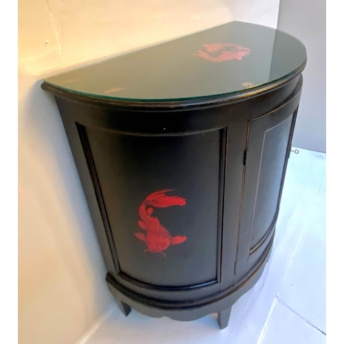 218 - DEMI LUNE SIDE CABINET, 93cm H x 81cm W x 41cm D, 19th century black painted with door enclosing zin... 