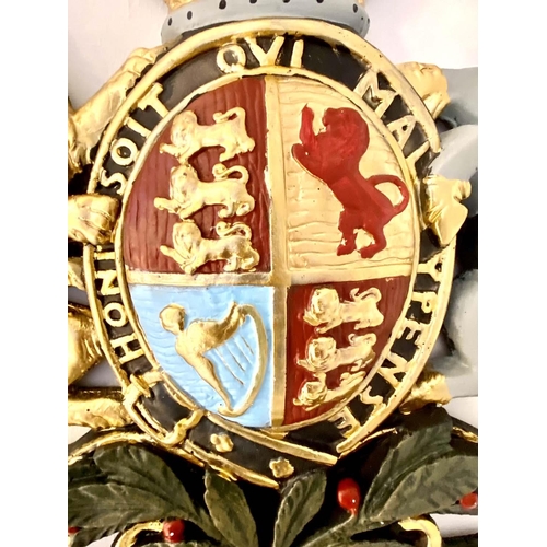 321 - ARMORIAL WALL RELIEF PLAQUE, 75cm x 70cm, polychrome finish.