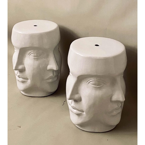 324 - SURREALIST STYLE BARREL STOOLS, pair, each 44cm H x 38cm diam, glazed ceramic. (2)