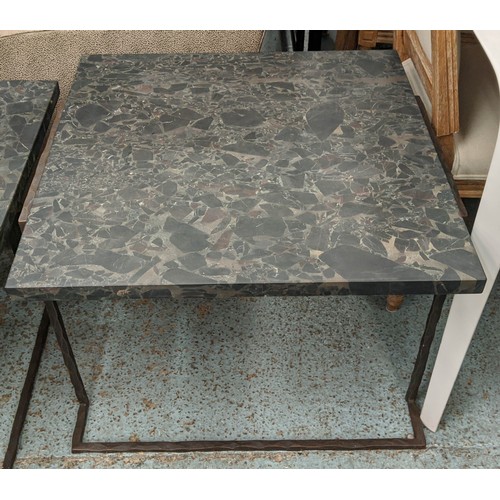 331 - SIDE TABLES, a pair, stone tops on bronzed metal supports, 68cm x 65cm x 63cm. (2)