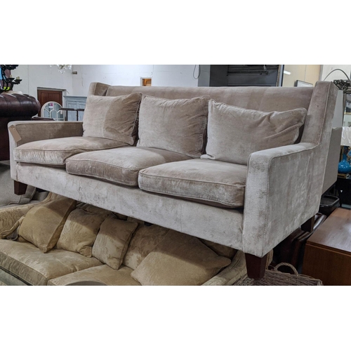 401 - SOFA, feather filled design, umber velvet upholstered, 230cm W.