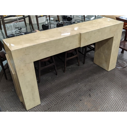 334 - CONSOLE TABLE, 90cm x 180cm W x 40cm D, French parchment in a geometric design.