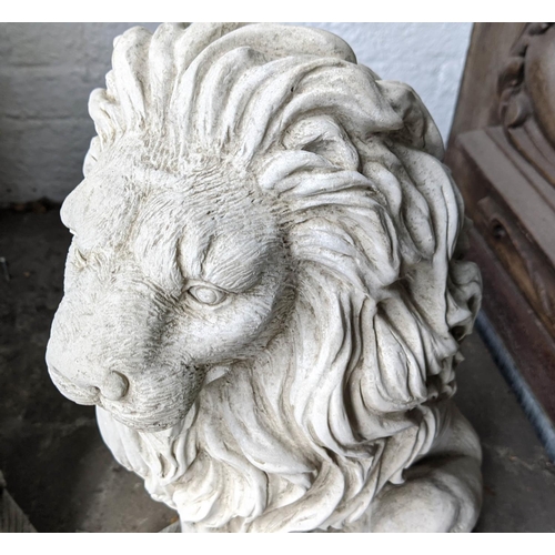 338 - SCULPTURAL LIONS, a pair, 53cm H, composite stone. (2)