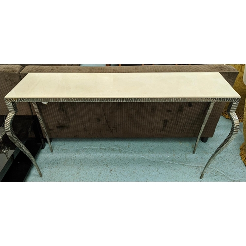 343 - CONSOLE TABLE, 47cm D x 88cm H x  170c m W, polished stone top, metal frame.