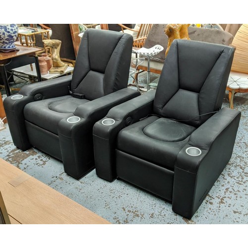 536 - CINEMA ARMCHAIRS, a pair, black leather, 90cm x 60cm. (2)