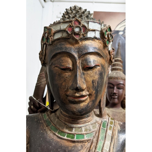 314 - BUDDHA WITH OFFERING BOWL, carved wood, with glass detail, 164cm H.