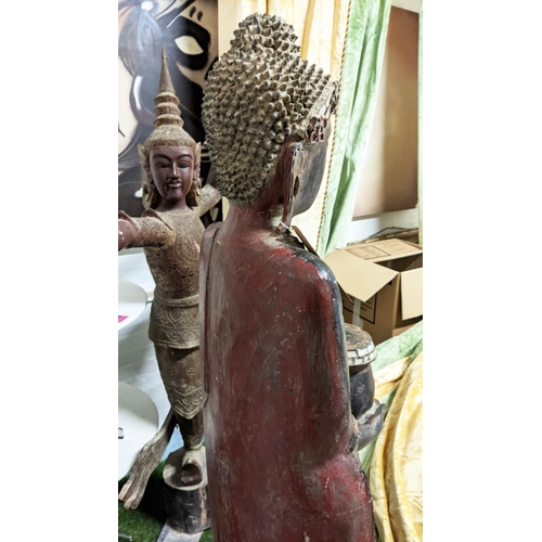 314 - BUDDHA WITH OFFERING BOWL, carved wood, with glass detail, 164cm H.