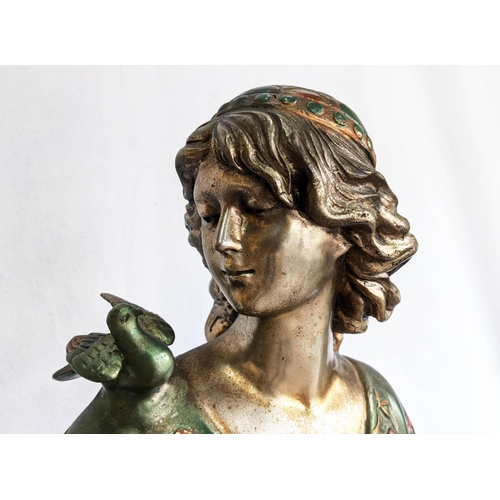 319 - MAIDEN WITH DOVES, painted spelter, 90cm H.