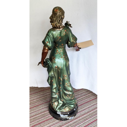 319 - MAIDEN WITH DOVES, painted spelter, 90cm H.