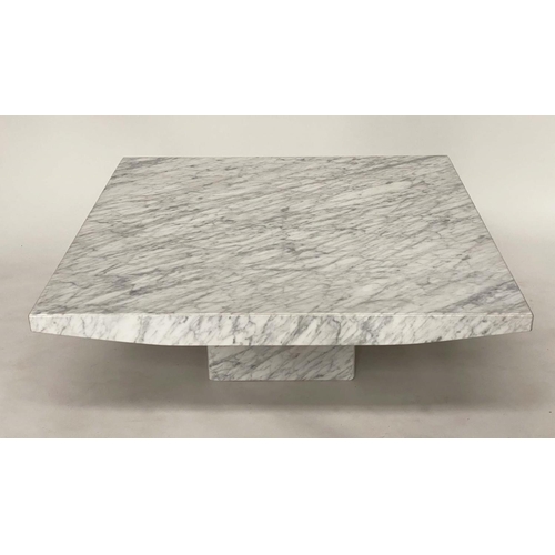 353 - COFFEE TABLE, Italian, square veined Carrara marble top on square plinth, 110cm x 110cm x 40cm H.