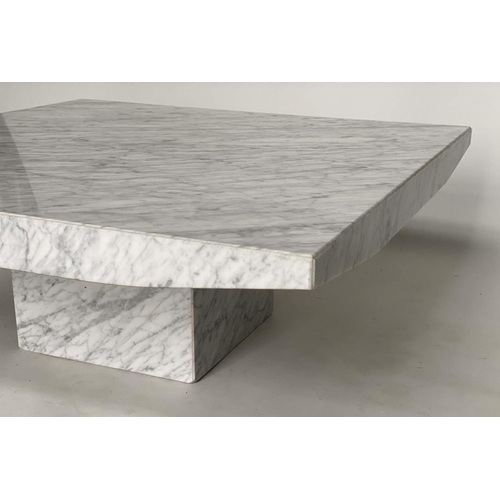 353 - COFFEE TABLE, Italian, square veined Carrara marble top on square plinth, 110cm x 110cm x 40cm H.