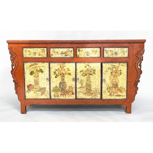 372 - SIDE CABINET, vintage 20th century Chinese, scarlet lacquered, carved sides and Chinoiserie flower p... 