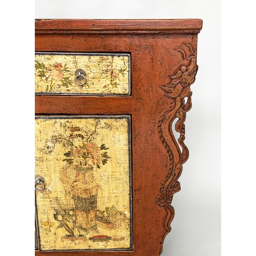 372 - SIDE CABINET, vintage 20th century Chinese, scarlet lacquered, carved sides and Chinoiserie flower p... 